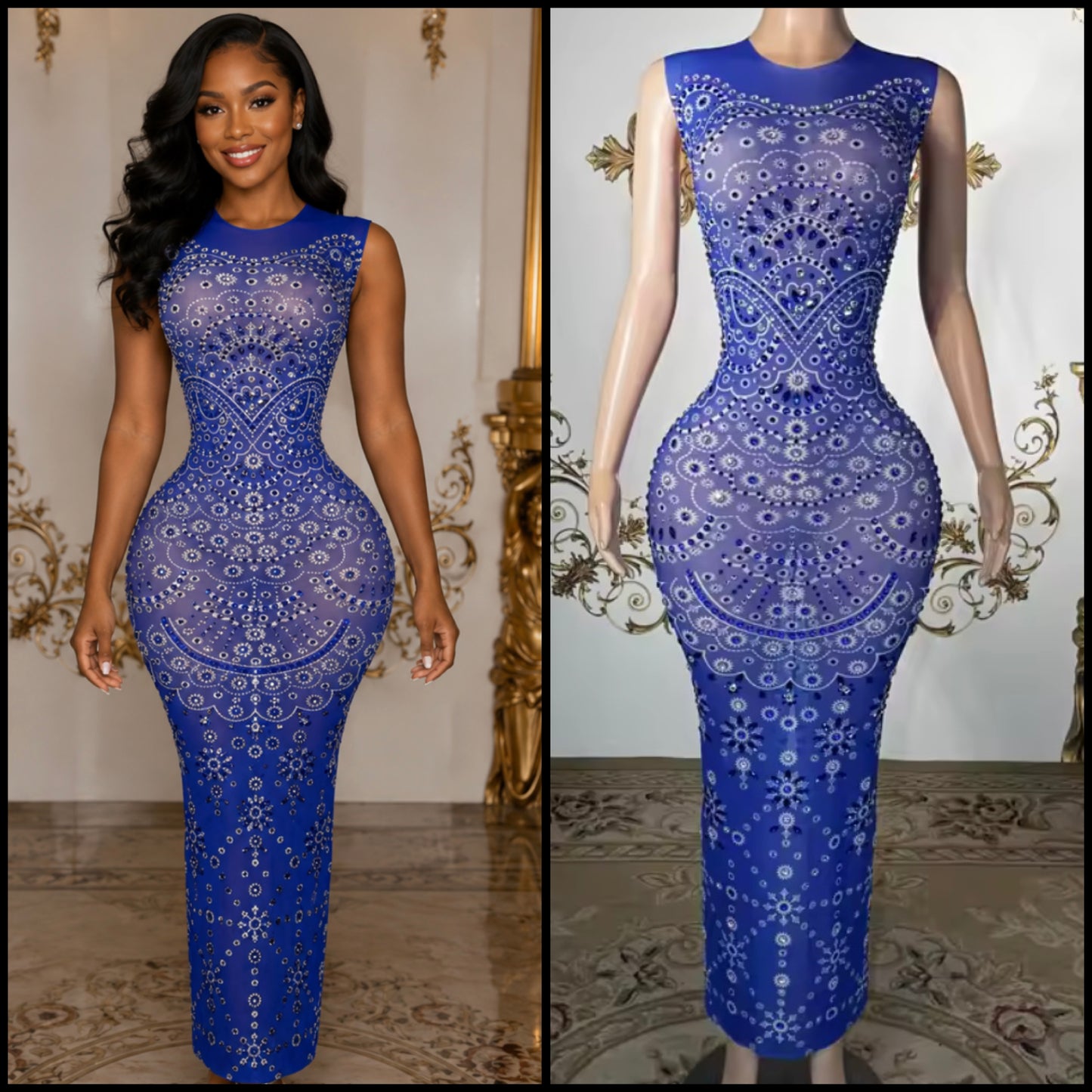 Sexy Blue Sleeveless Printed Rhinestone Maxi Dress