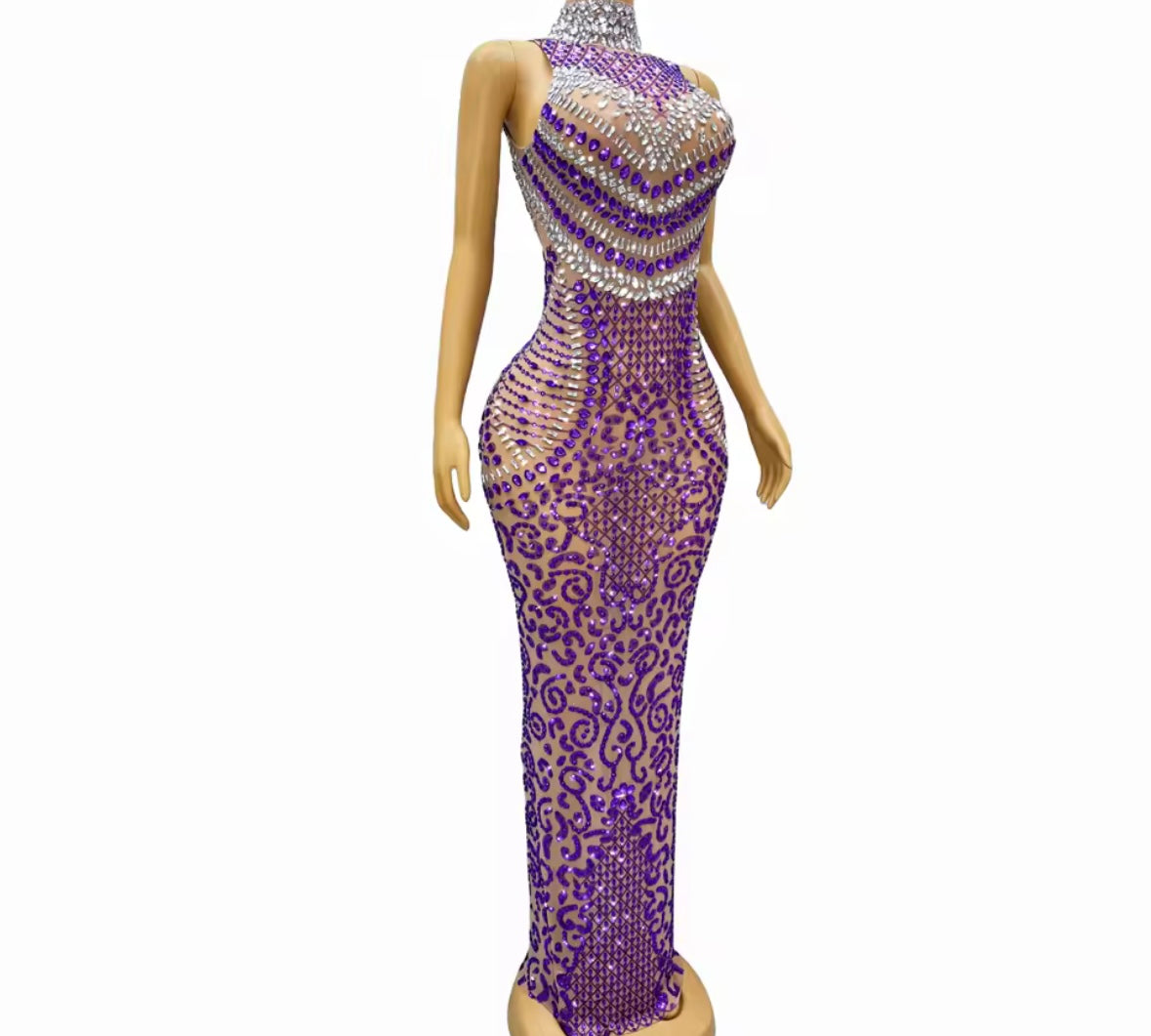 Elegant Sleeveless Purple Rhinestone Maxi Dress