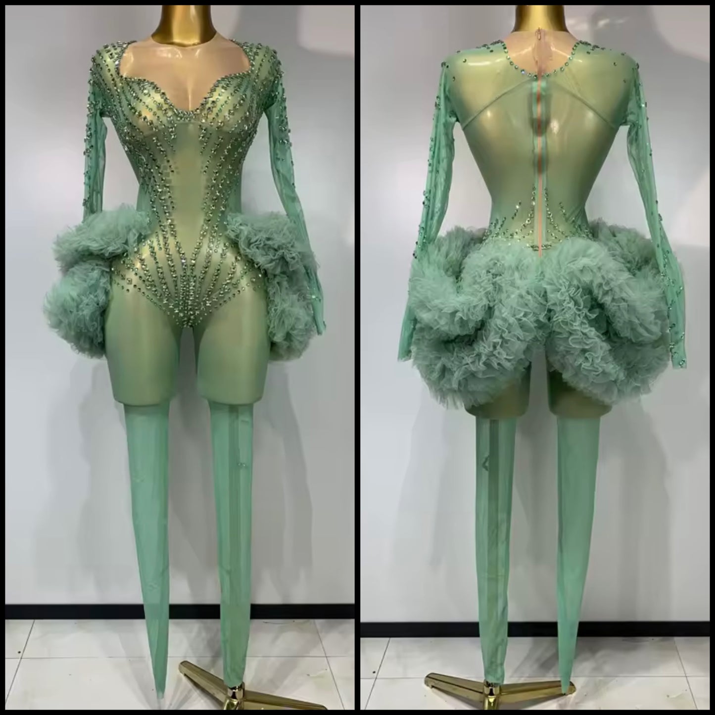 Green See Through Rhinestone Ruffle Full Sleeve Jumpsuit
