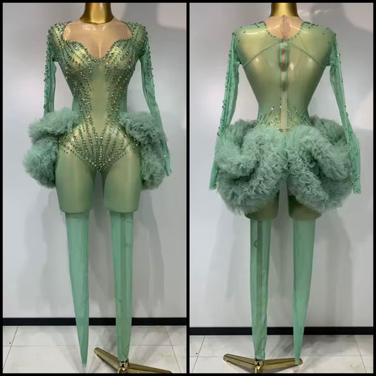 Green See Through Rhinestone Ruffle Full Sleeve Jumpsuit