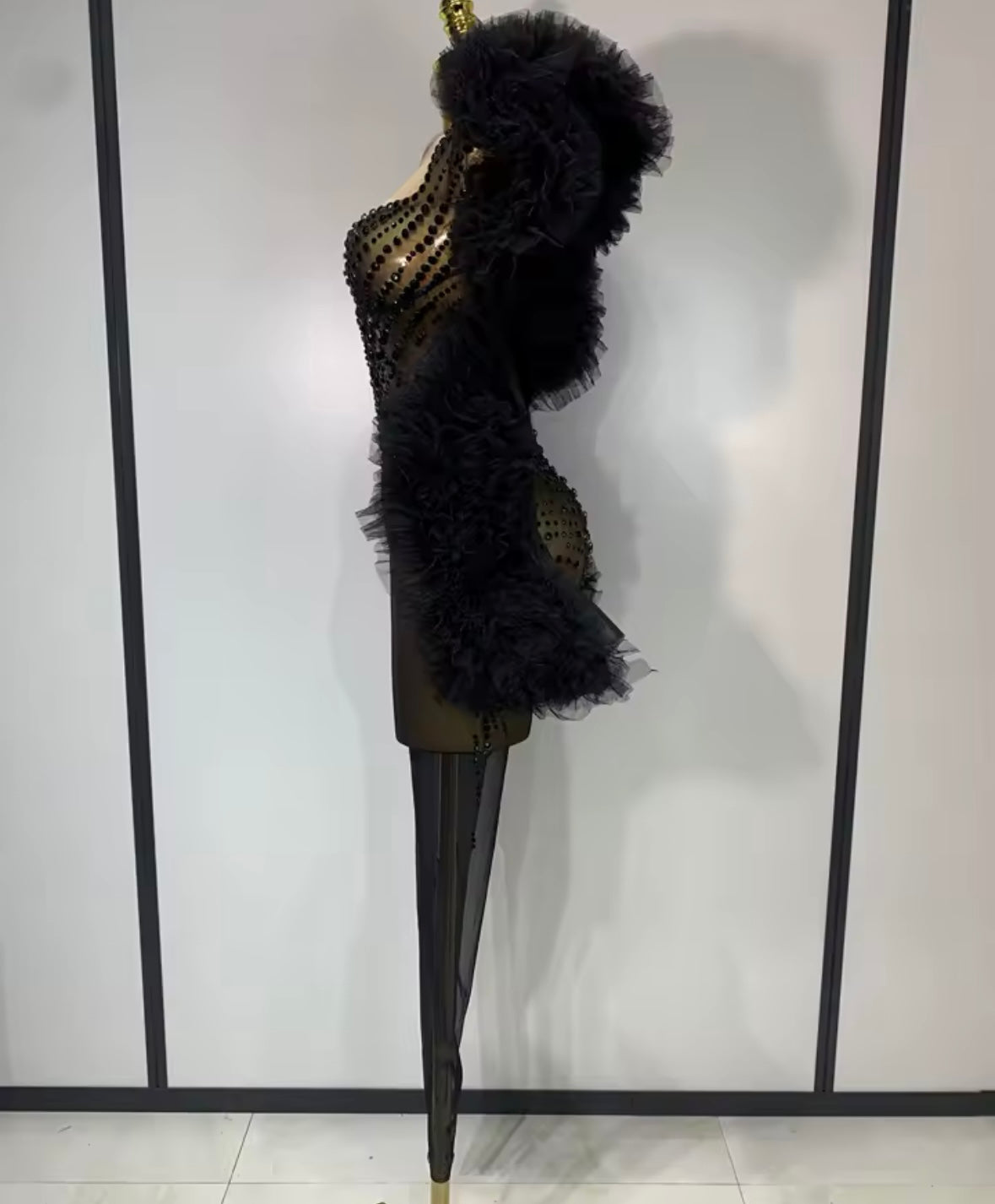 Black Rhinestone Embellishment Ruffle Sexy Jumpsuit