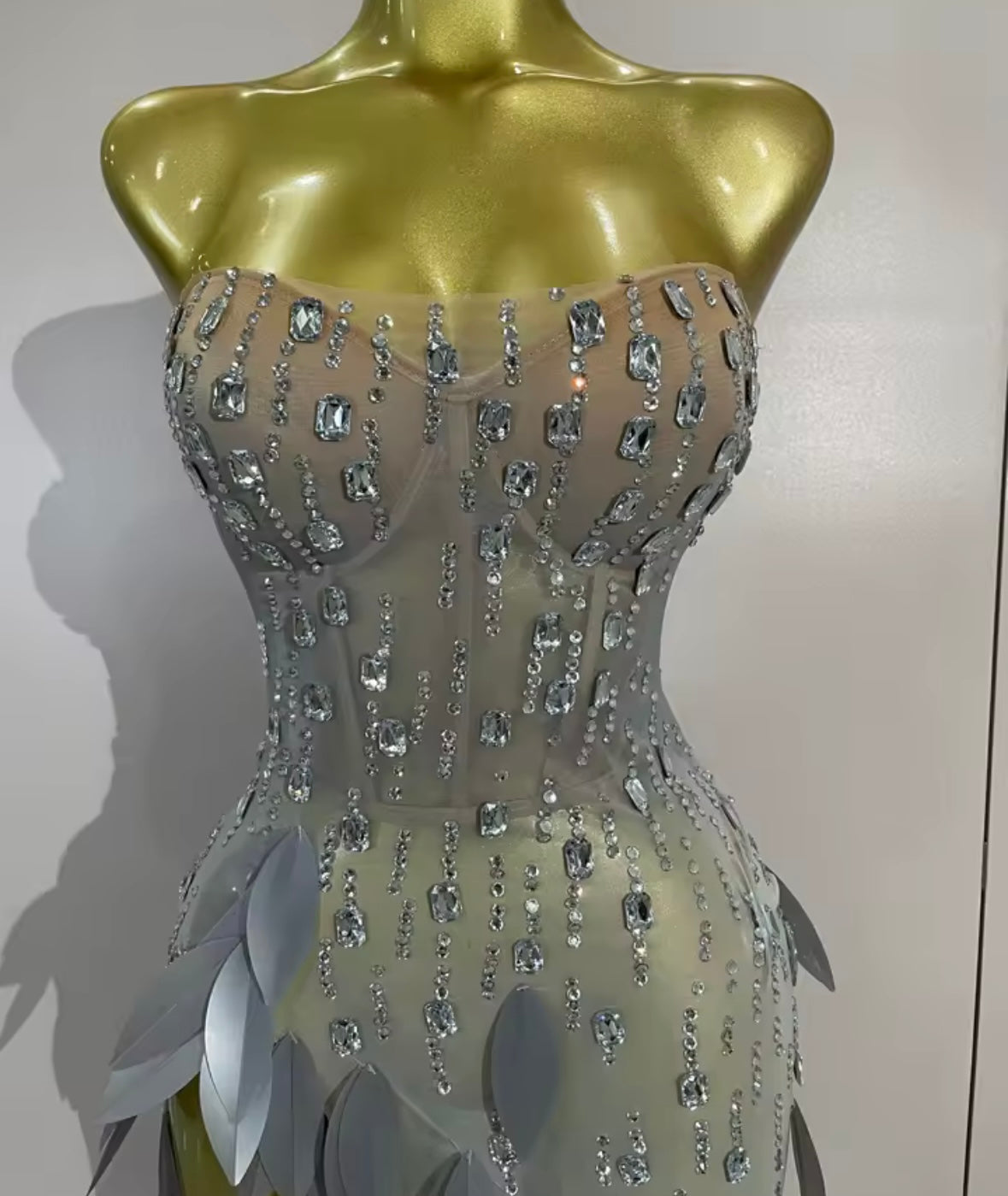 Silver Strapless Rhinestone Sequins Side Split Maxi Dress
