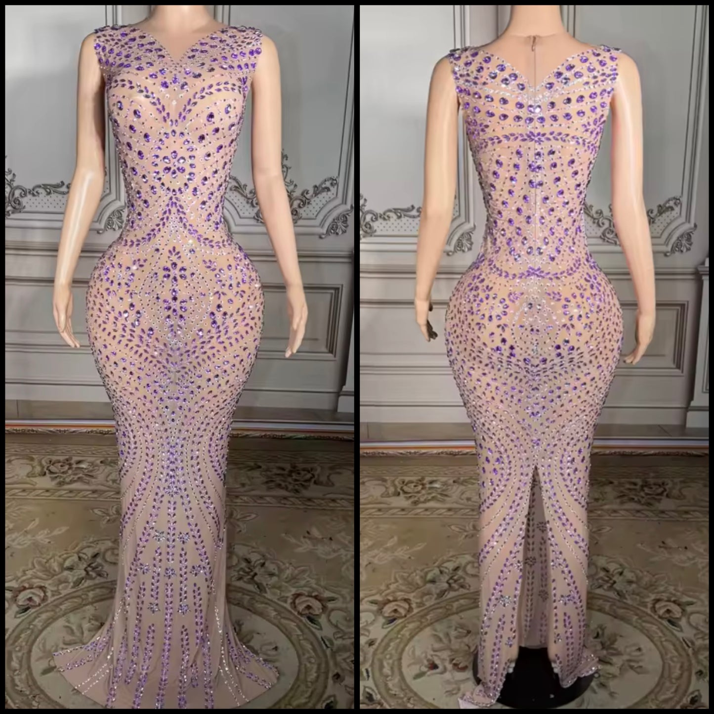 Sexy Sleeveless See Through Purple Rhinestone Maxi Dress