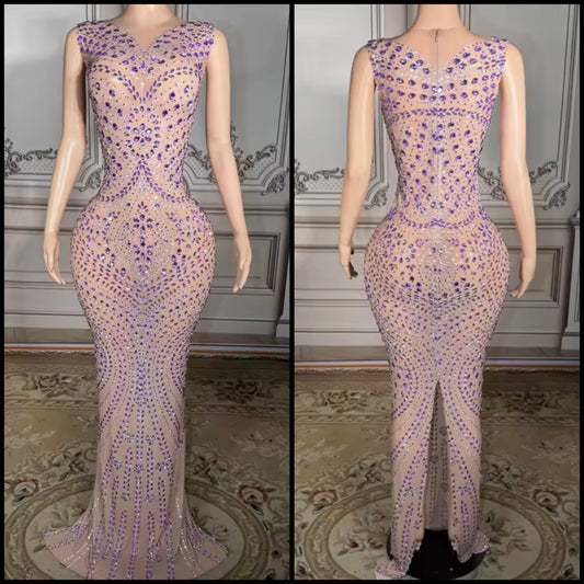 Sexy Sleeveless See Through Purple Rhinestone Maxi Dress