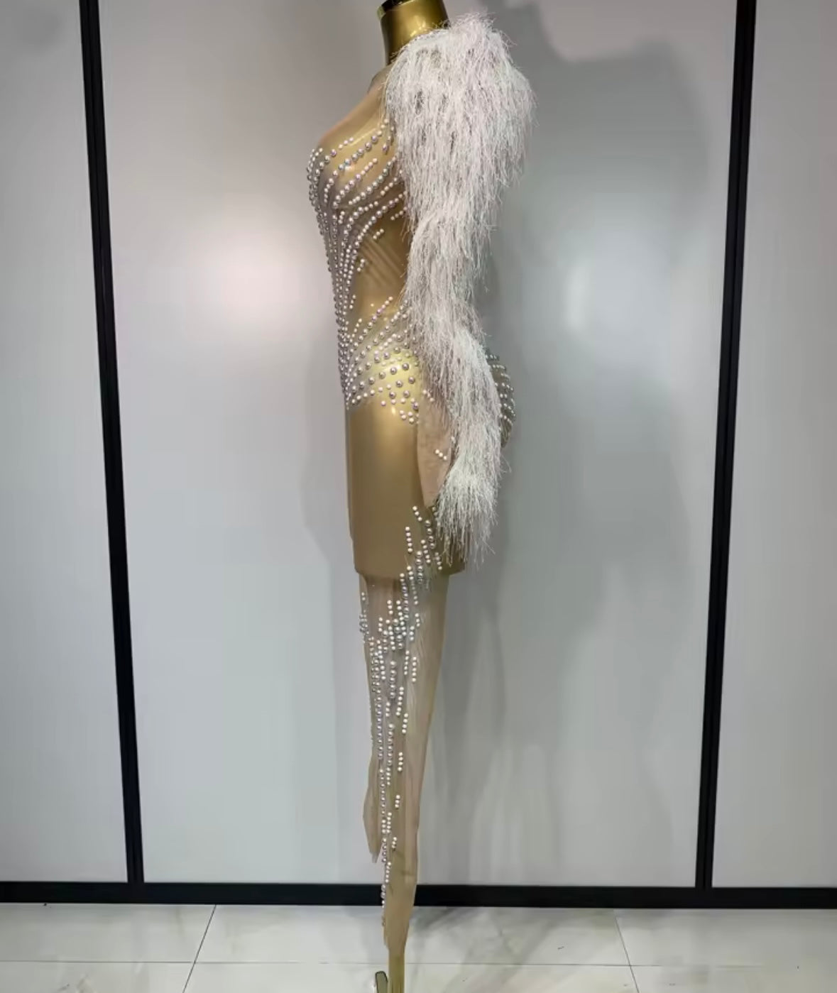 Sexy Pearl Feather Full Sleeve See Through Jumpsuit