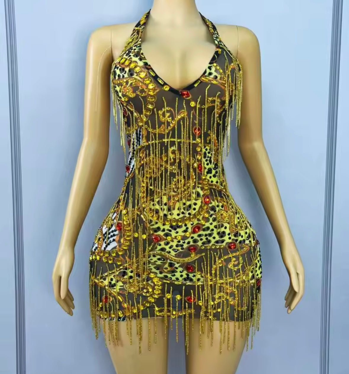 Sexy Halter Sleeveless Printed Tassel See Through Dress