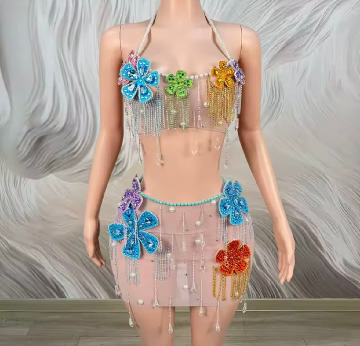 Sexy Sleeveless See Through Beaded Crystal Floral Tassel Skirt Set