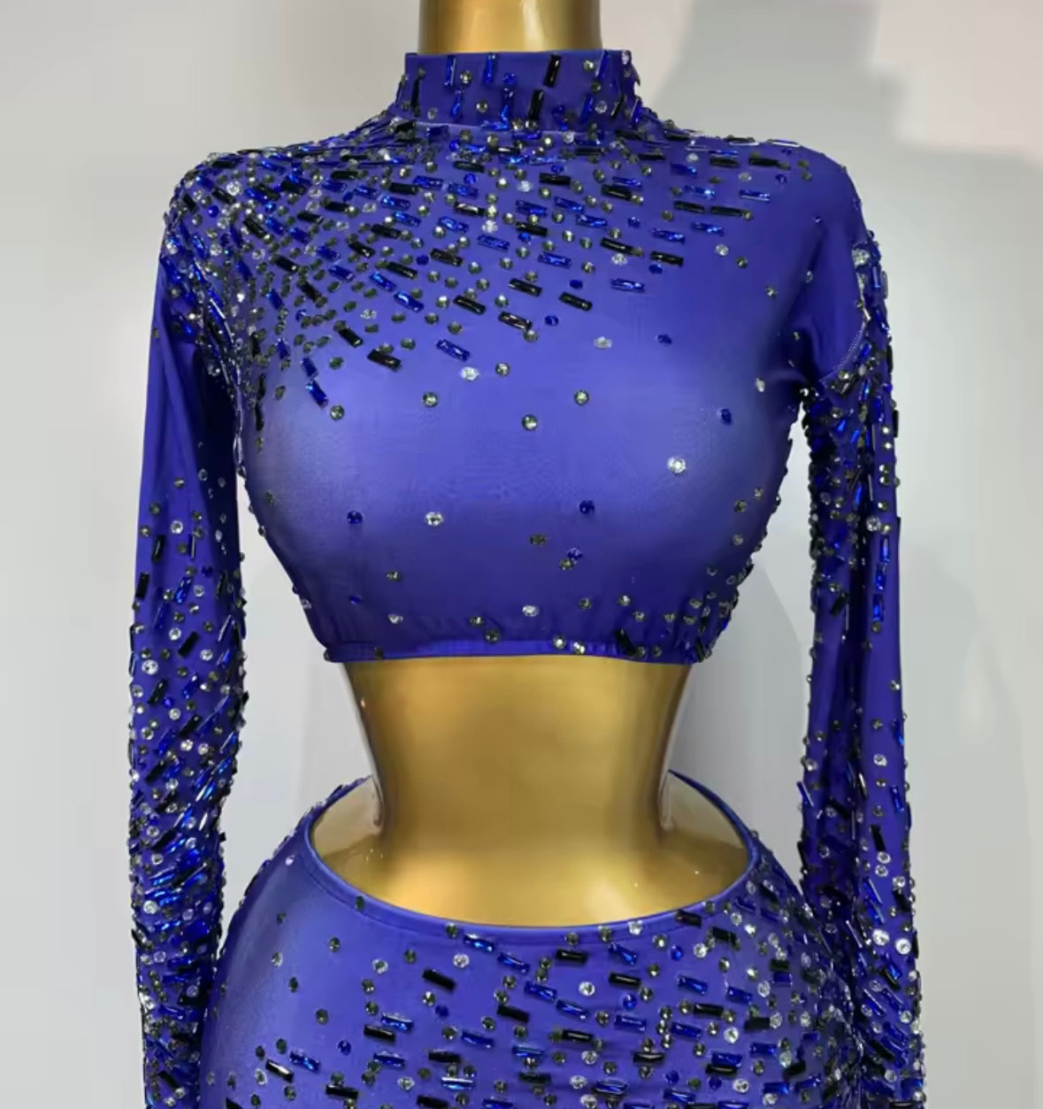 Blue Elegant Rhinestone Full Sleeve Crop Maxi Skirt Set