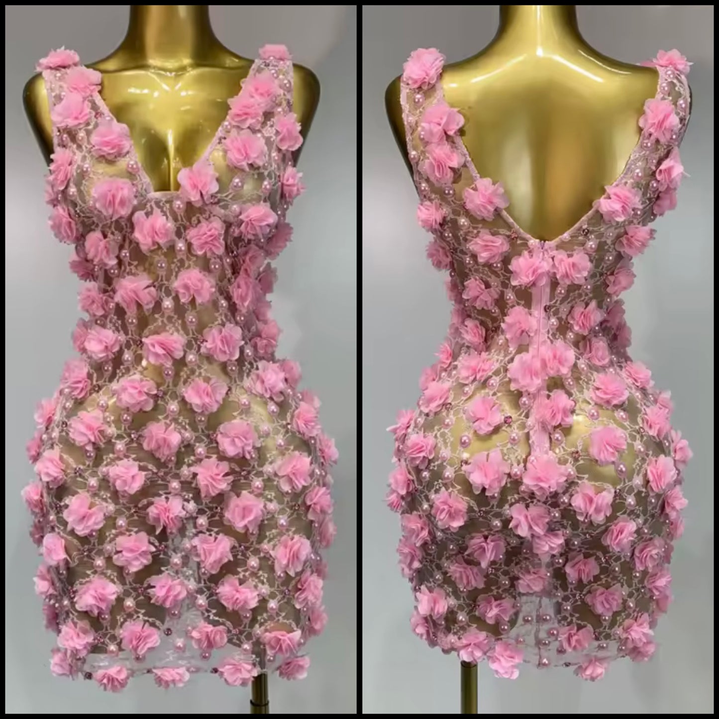Sleeveless Pink Floral Beaded Sexy Short Dress