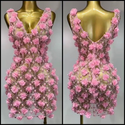 Sleeveless Pink Floral Beaded Sexy Short Dress