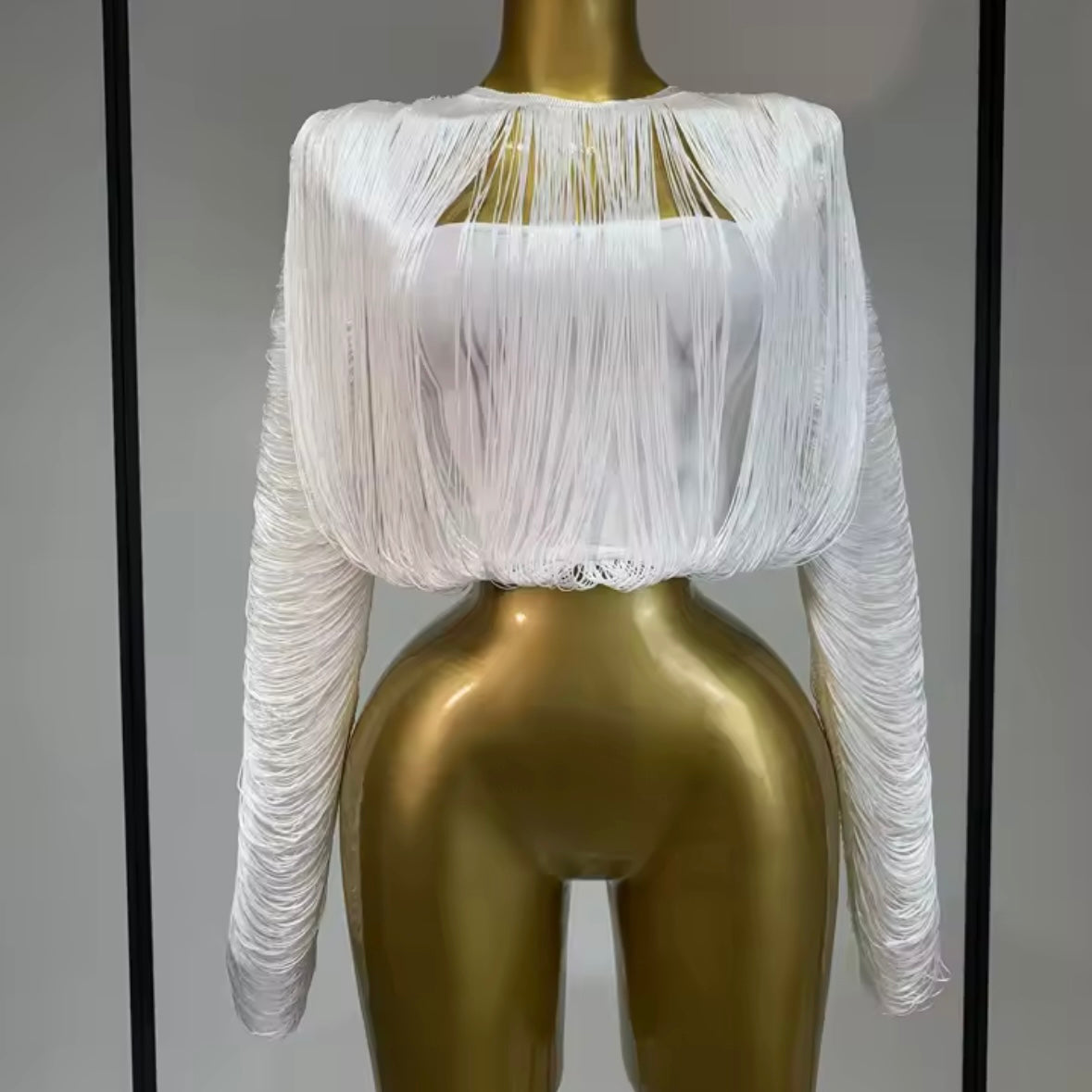 White Sexy Fringe Tassel Full Sleeve Maxi Skirt Set