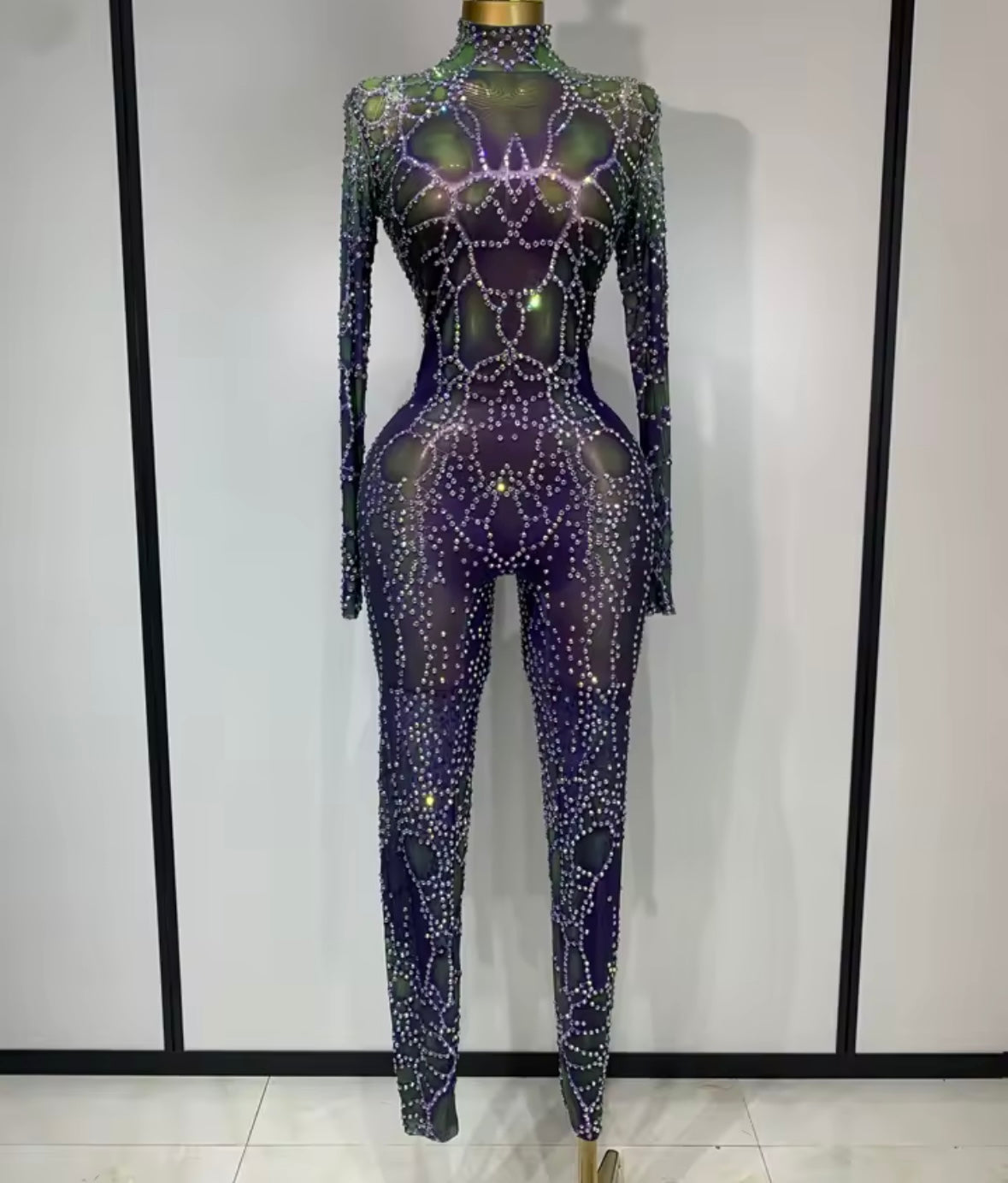 Sexy Color Rhinestone Mesh Full Sleeve Jumpsuit