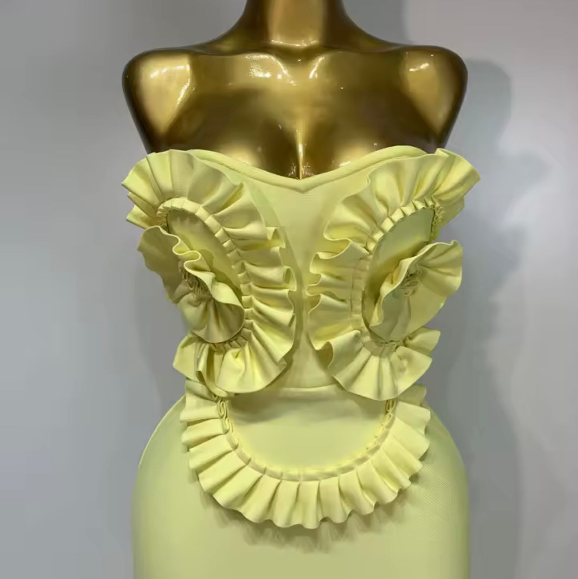 Yellow Ruffle Floral Strapless Sexy Maxi Dress