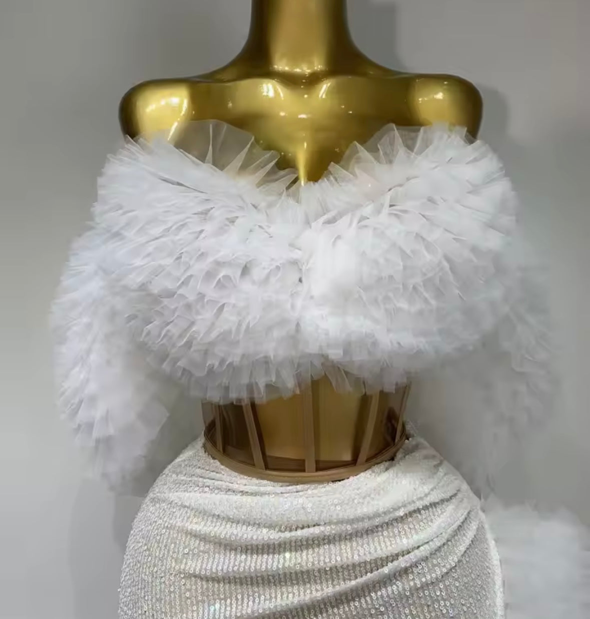Sexy Ruffled Strapless Corset Two Piece Sequins Maxi Skirt Set