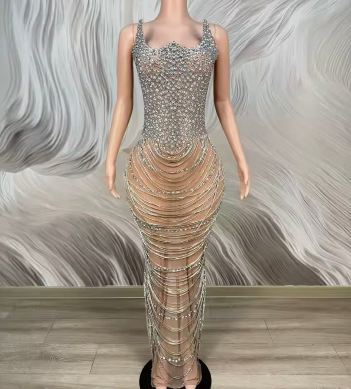 Sexy Rhinestone Strapless Chain Tassel Maxi Dress
