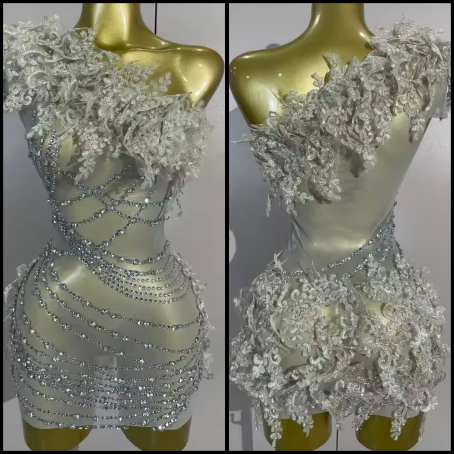 Silver One Shoulder Sleeveless See Through Rhinestone Dress