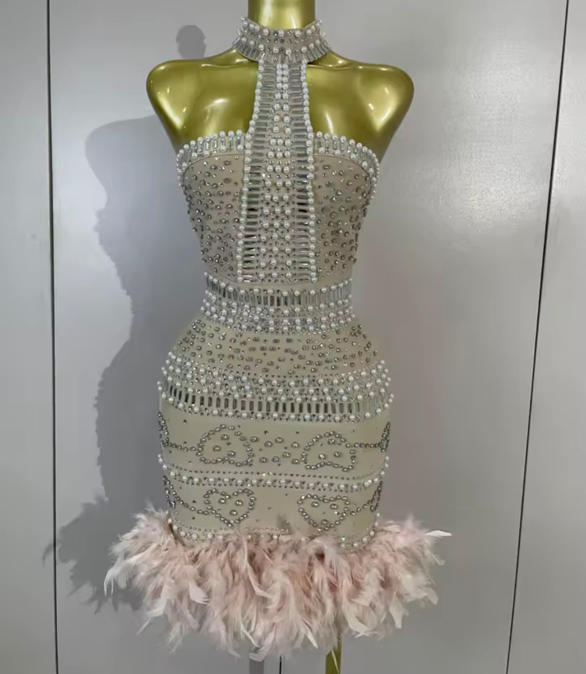 Sexy Halter Sleeveless Rhinestone Pink Feather Dress