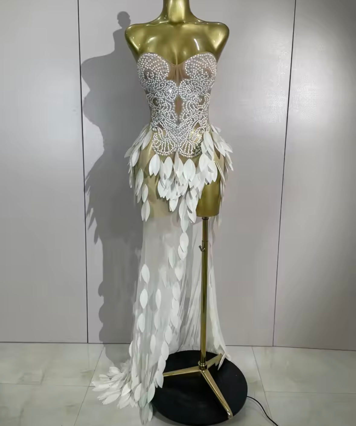 Sexy Sequins Pearl Rhinestone Strapless Side Split Maxi Dress