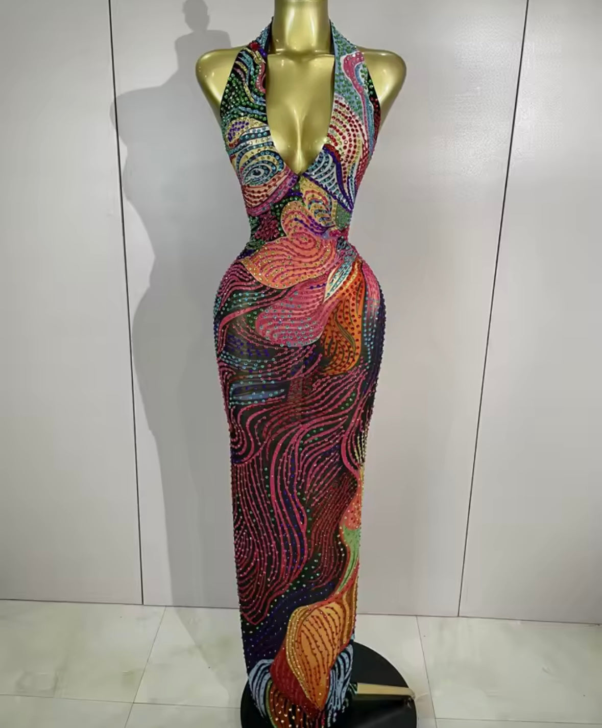 Sexy Halter Sleeveless Multicolored Rhinestone Maxi Dress