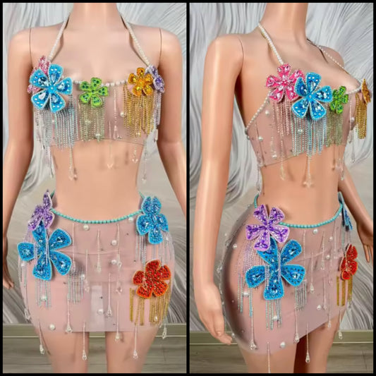 Sexy Sleeveless See Through Beaded Crystal Floral Tassel Skirt Set