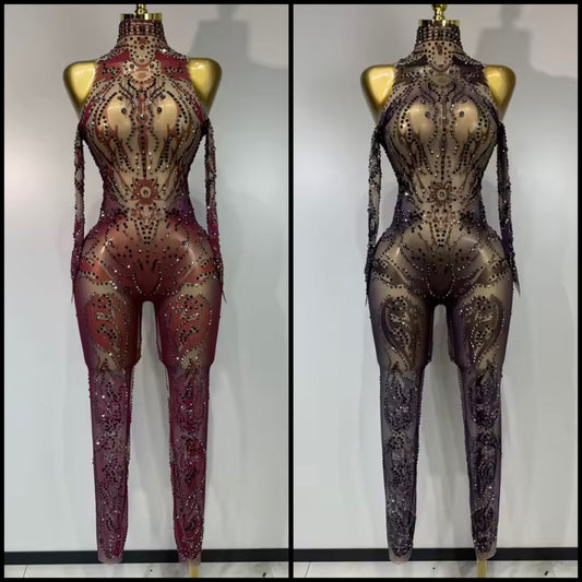 Sexy See Through Rhinestone Full Sleeve Jumpsuit