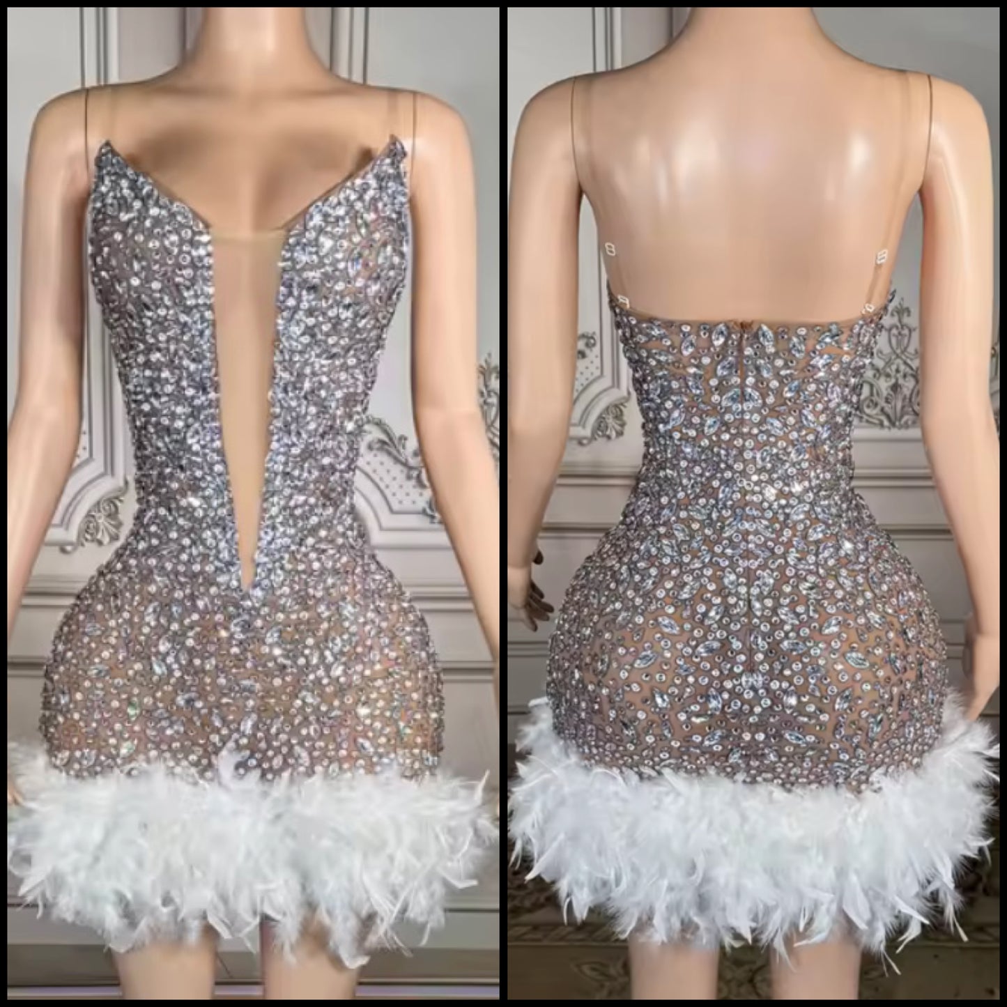 Sexy Sleeveless Rhinestone Feather Dress