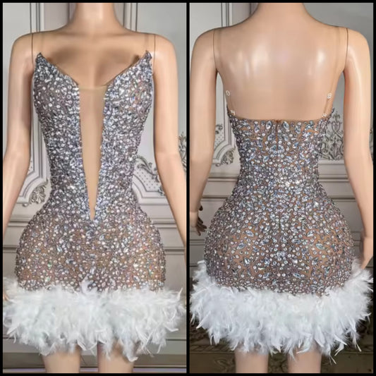 Sexy Sleeveless Rhinestone Feather Dress