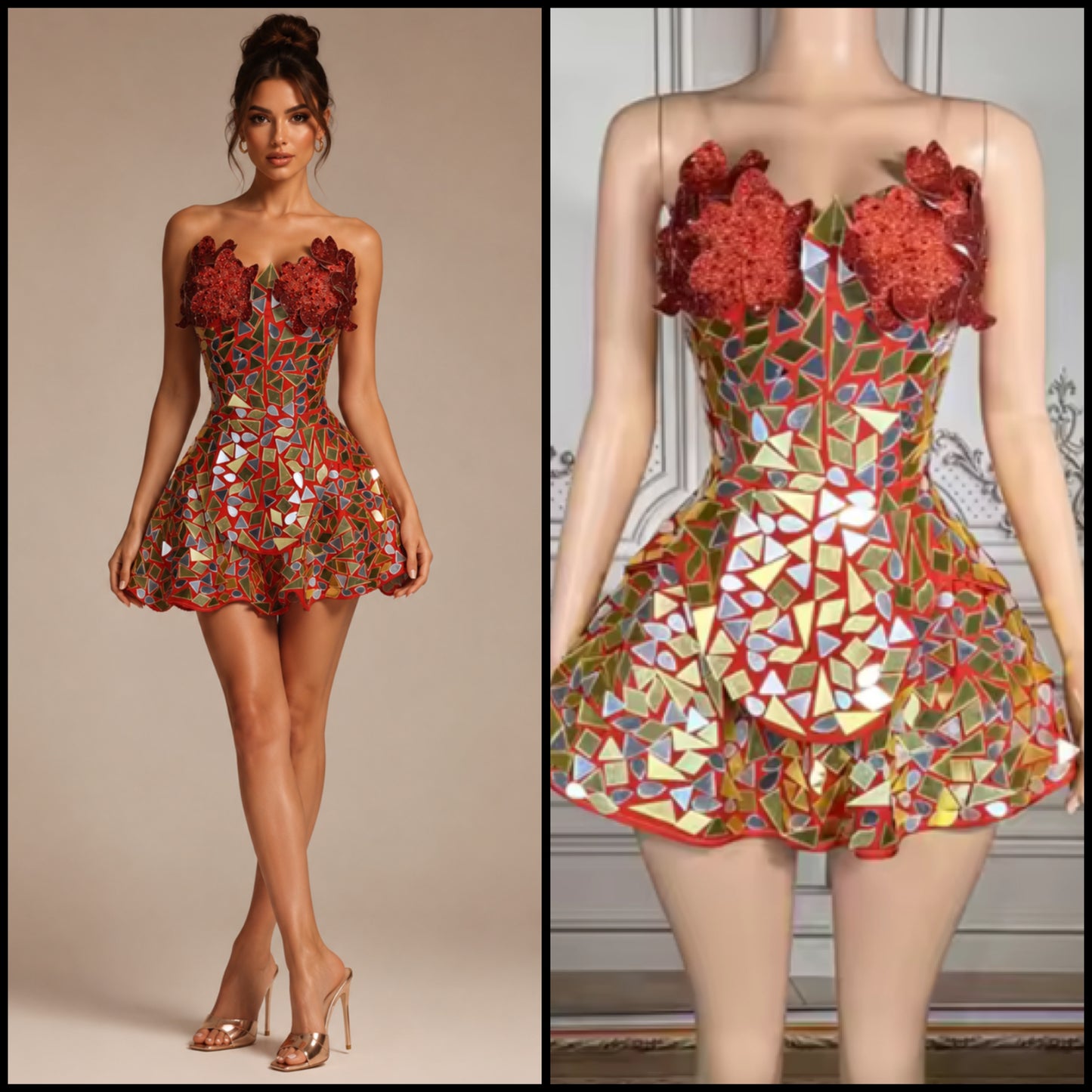 Sexy Sleeveless Floral Mirror Corset Dress