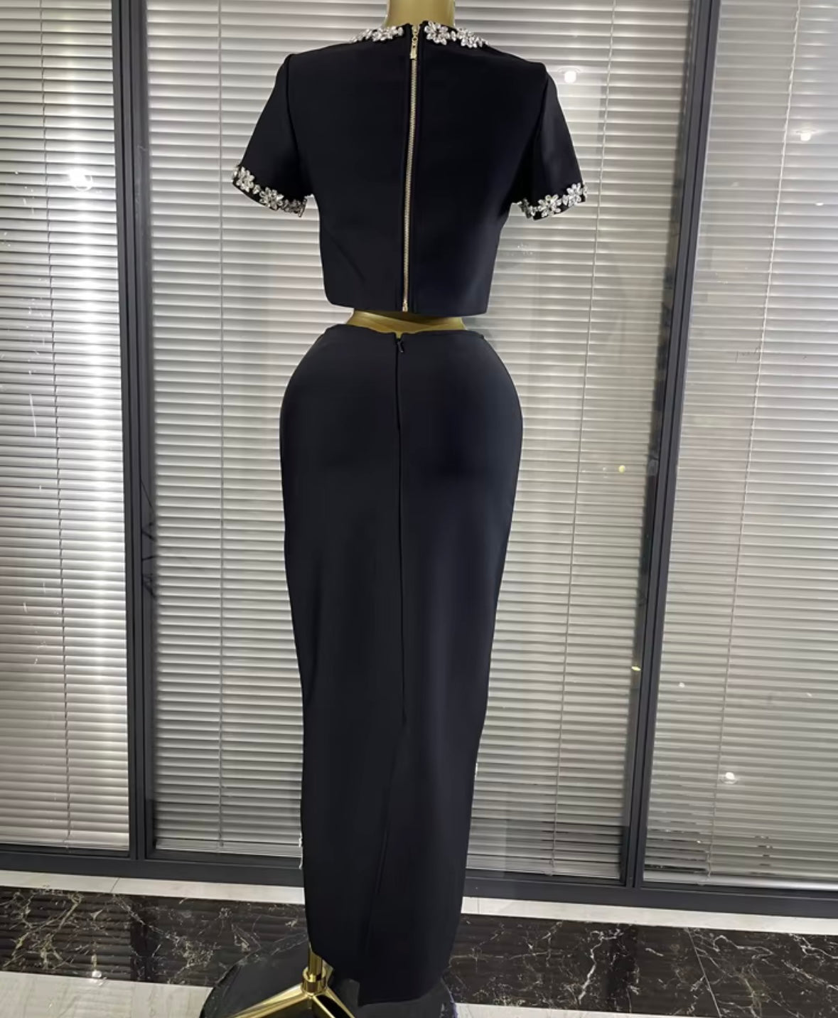Elegant Rhinestone Embellishment Short Sleeve Maxi Skirt Set