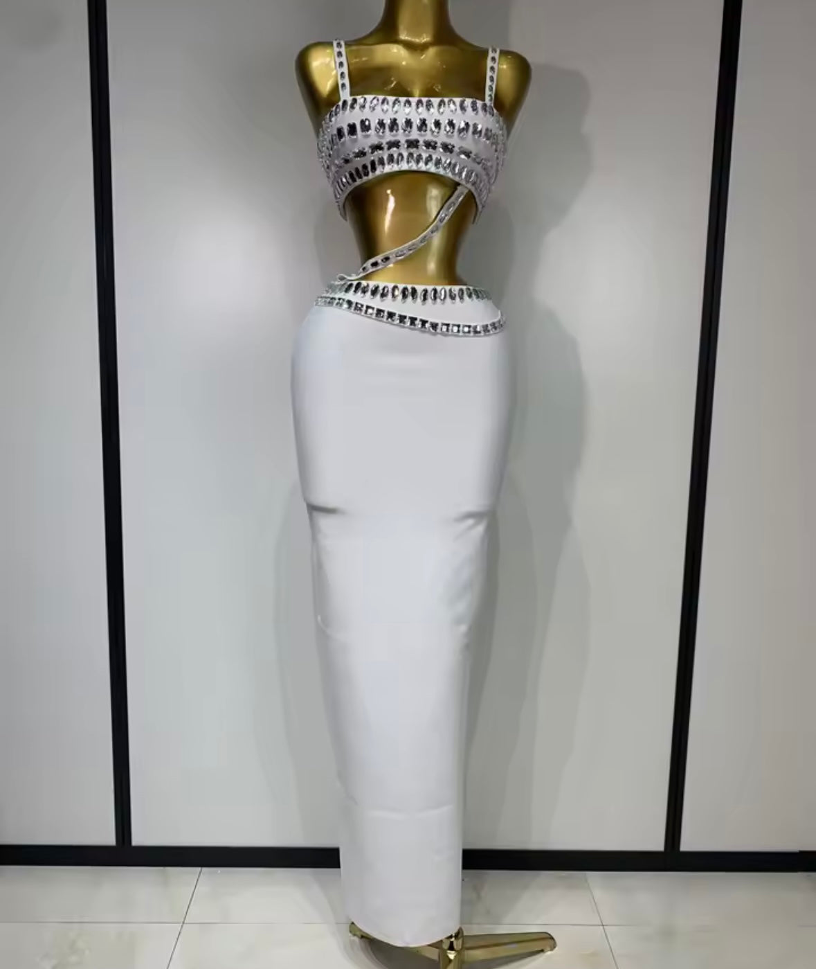 Rhinestone Halter Strapless Sexy Maxi Skirt Set