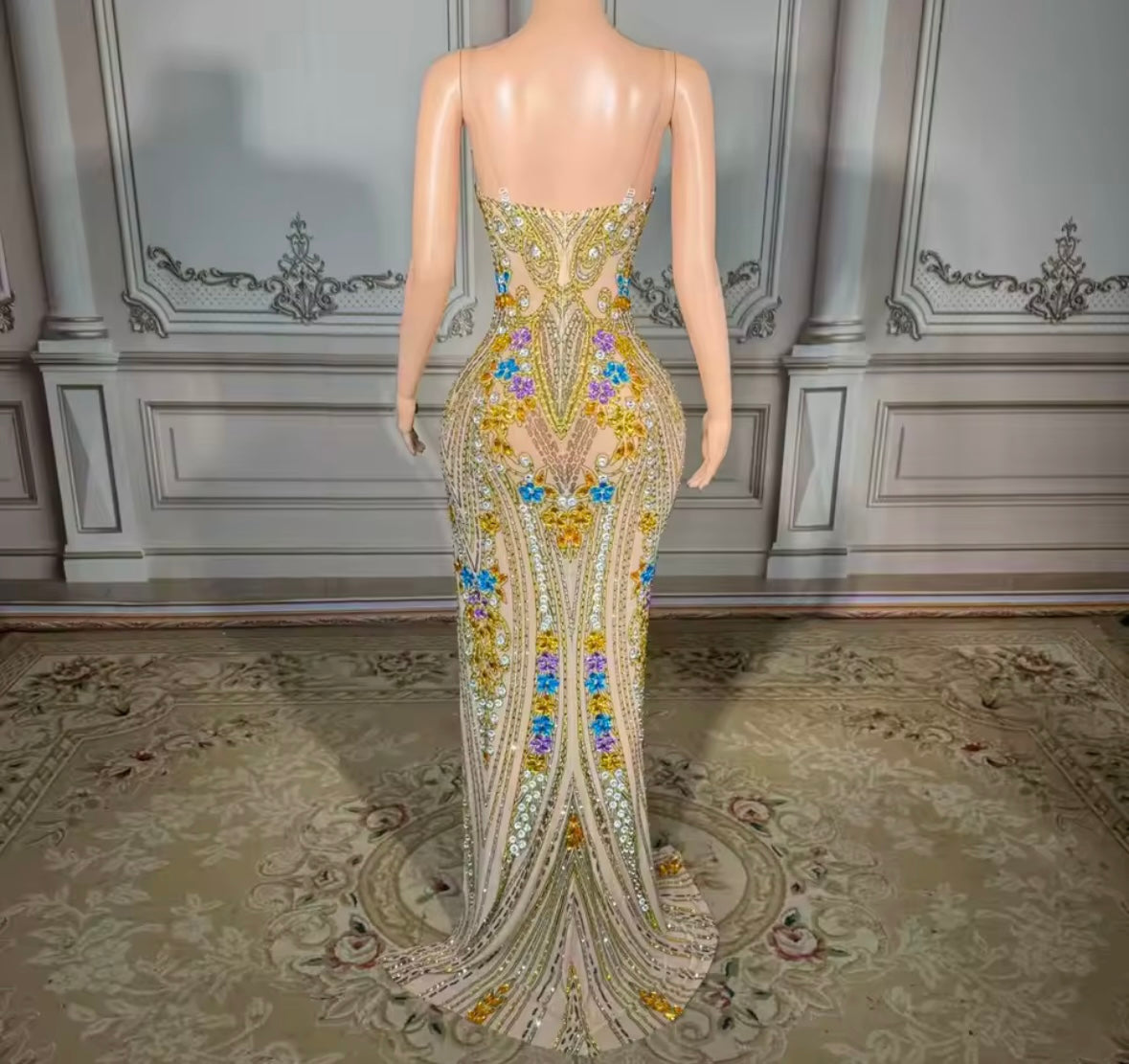 Sexy Gold Sleeveless Crystal Rhinestone Floor-Length Dress
