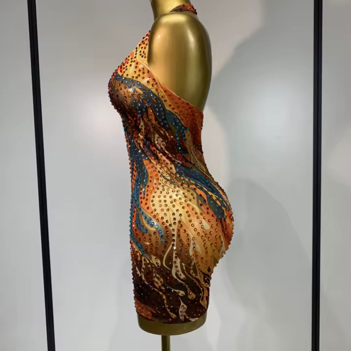 Sexy Halter Sleeveless Multicolored Rhinestone Dress