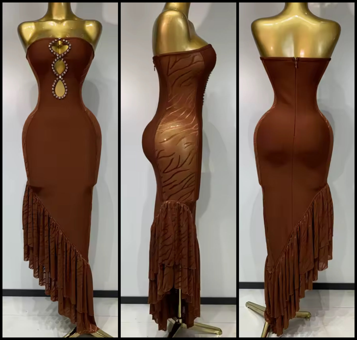 Brown Sexy Strapless Cut Out Rhinestone Ruffle Maxi Dress
