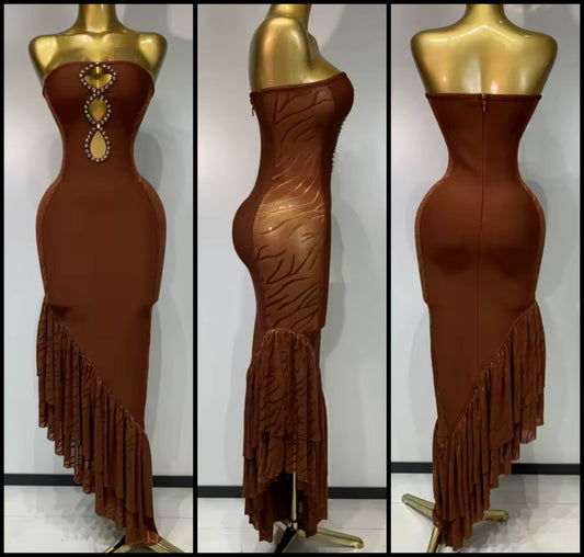 Brown Sexy Strapless Cut Out Rhinestone Ruffle Maxi Dress