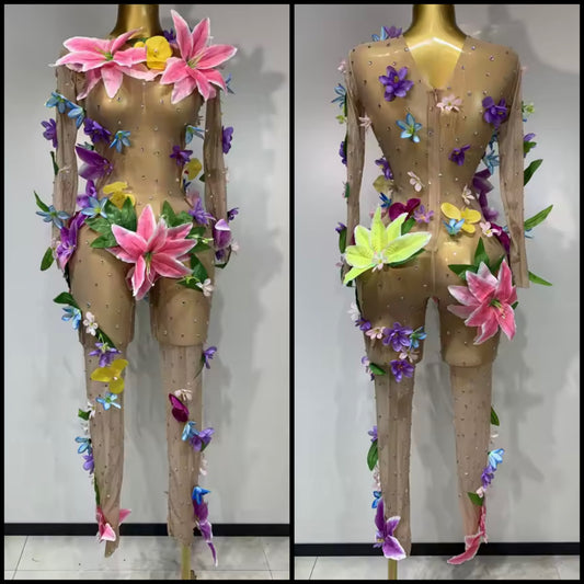 Sleeveless Floral Embellishment Rhinestone Sexy Jumpsuit