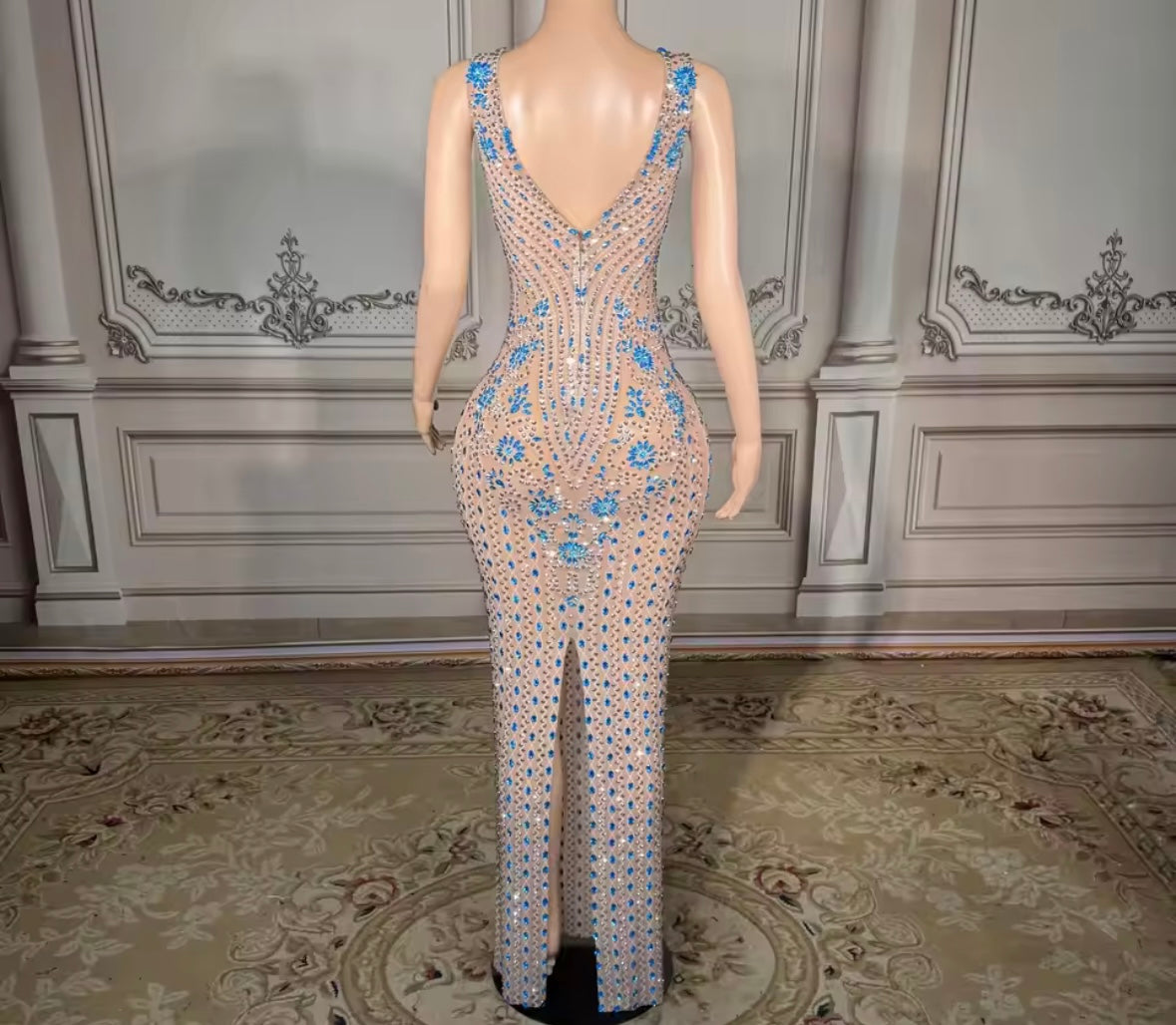 Sexy Sleeveless Blue Rhinestone Embellishment Maxi Dress