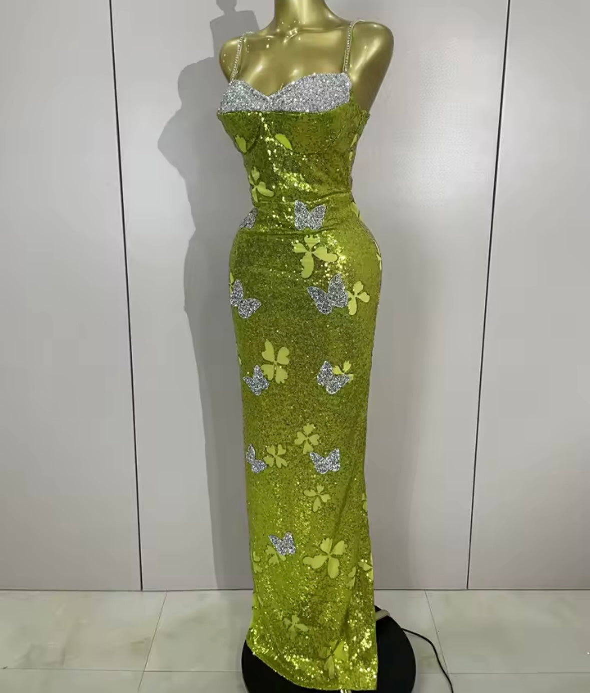 Sexy Sleeveless Green Sequins Butterfly Maxi Dress