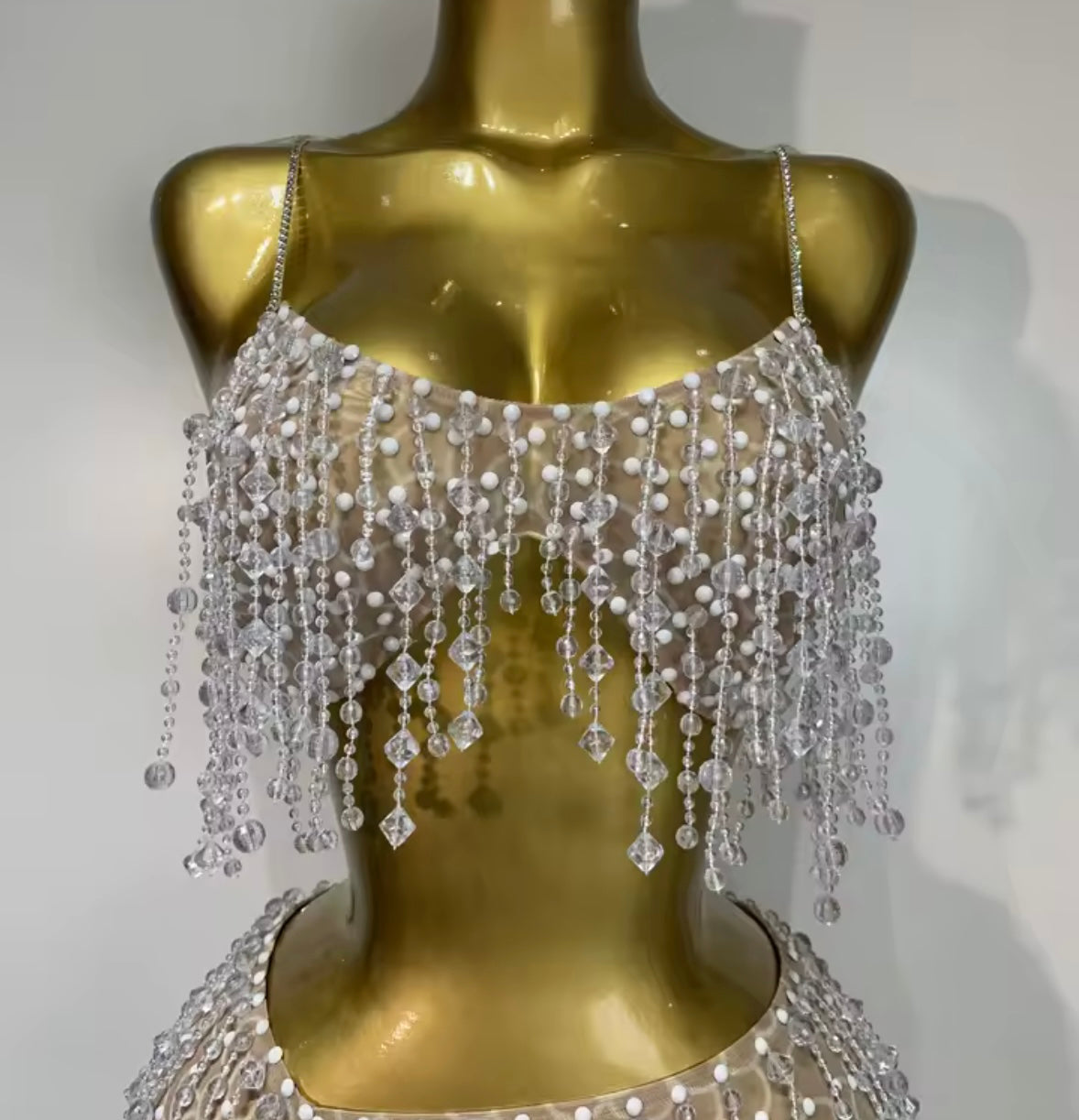 Sexy Sleeveless Pearl Beaded Tassel Skirt Set