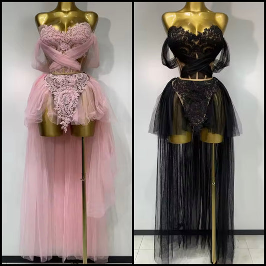 Lace Strapless Sexy Asymmetrical Mesh Two Piece Skirt Set