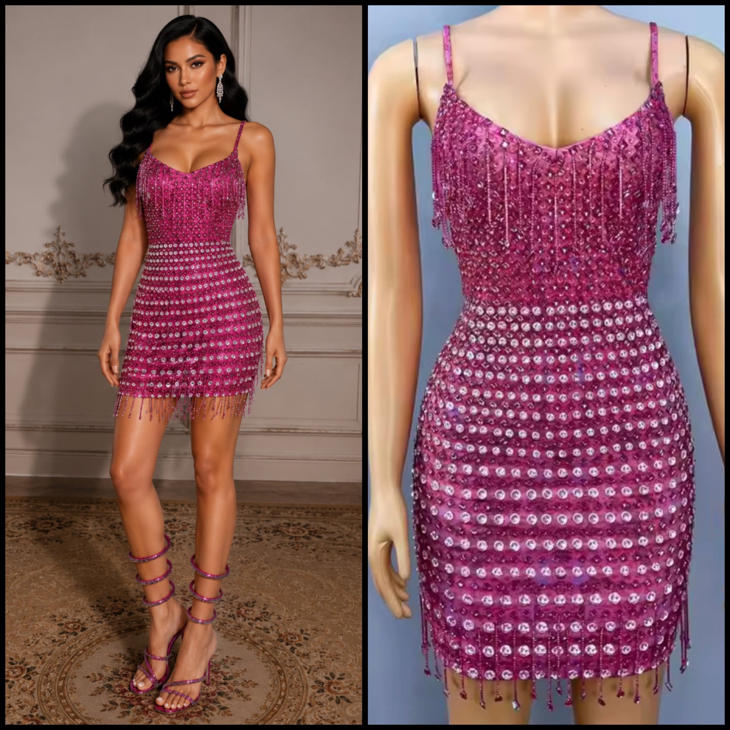 Pink Sexy Sleeveless Rhinestone Tassel Dress
