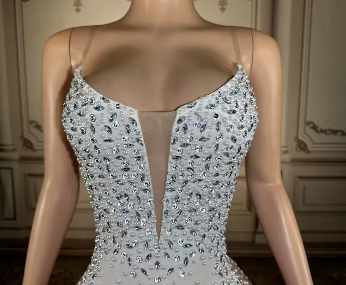Elegant Sleeveless White Rhinestone Floor-Length Dress
