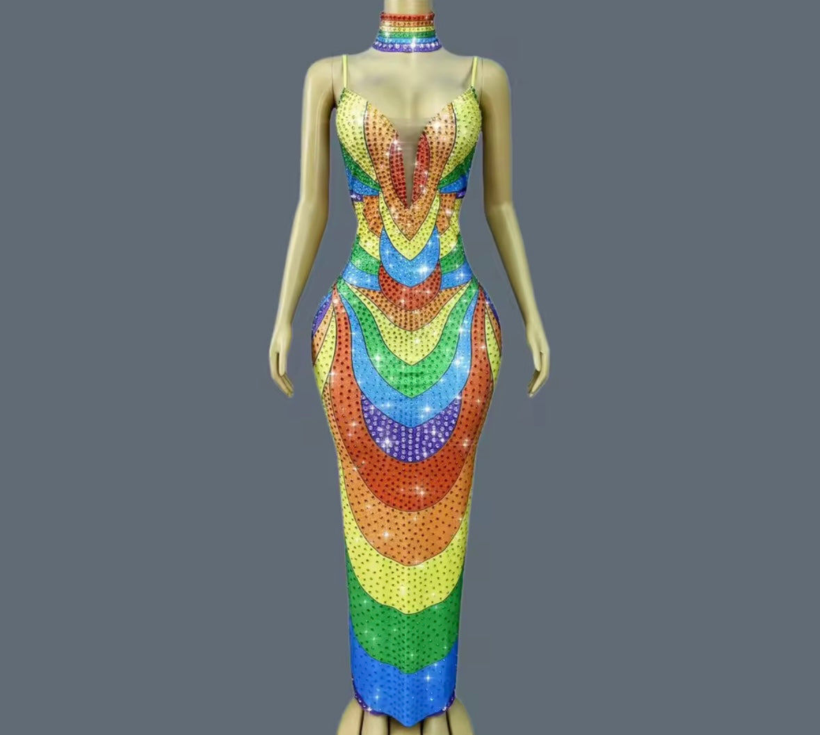 Sexy Choker Sleeveless Colorful Rhinestone Maxi Dress
