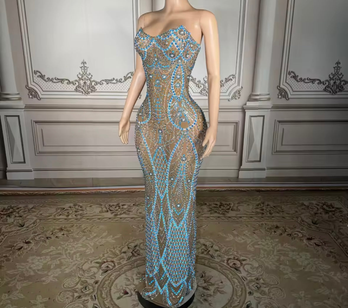 Sexy Strapless Blue Rhinestone See Through Maxi Dress