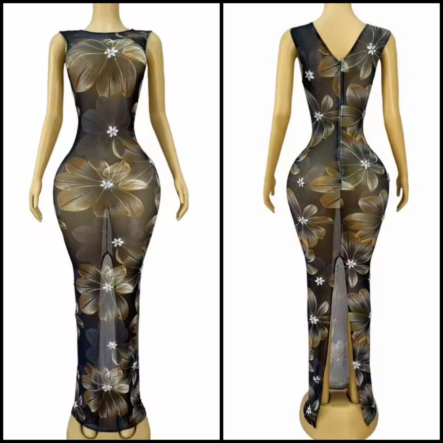 Sexy Black See Through Floral Floor-Length Dress