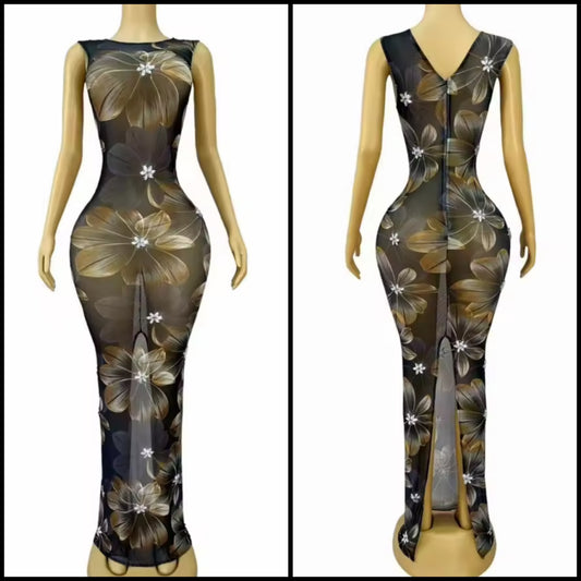 Sexy Black See Through Floral Floor-Length Dress