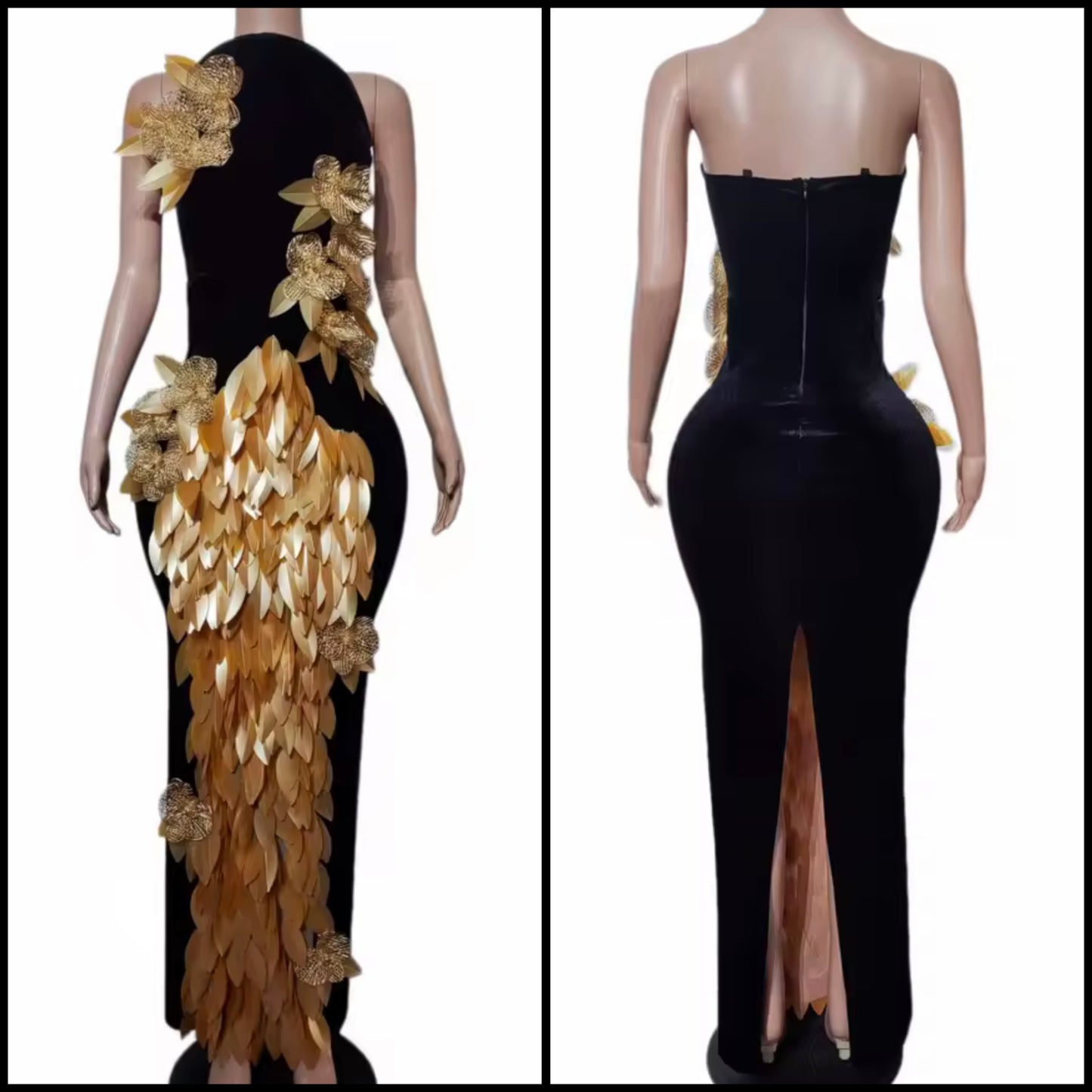 Elegant Black Sleeveless Gold Floral Maxi Dress