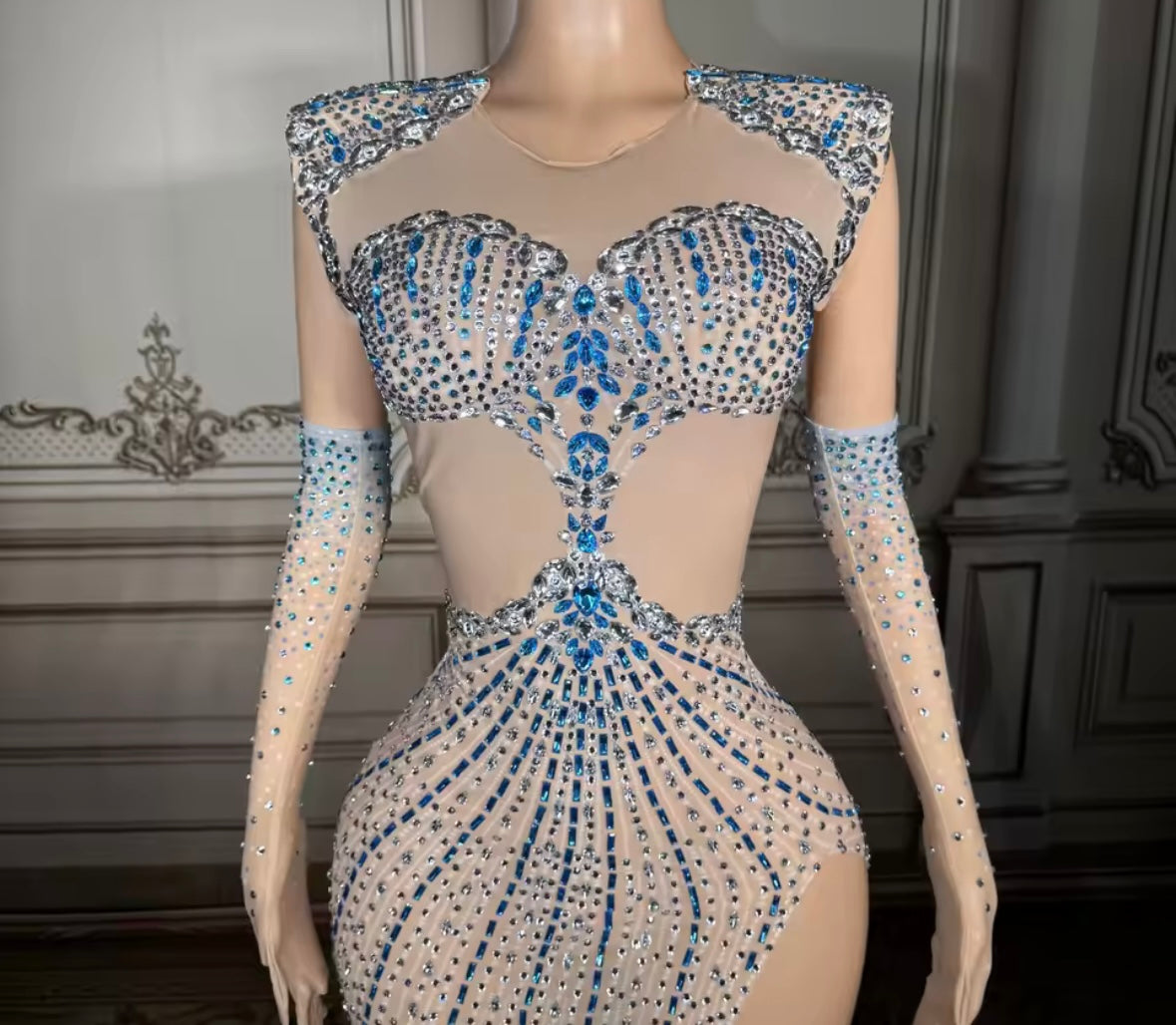 Sexy Color Rhinestone See Through Glove Maxi Dress