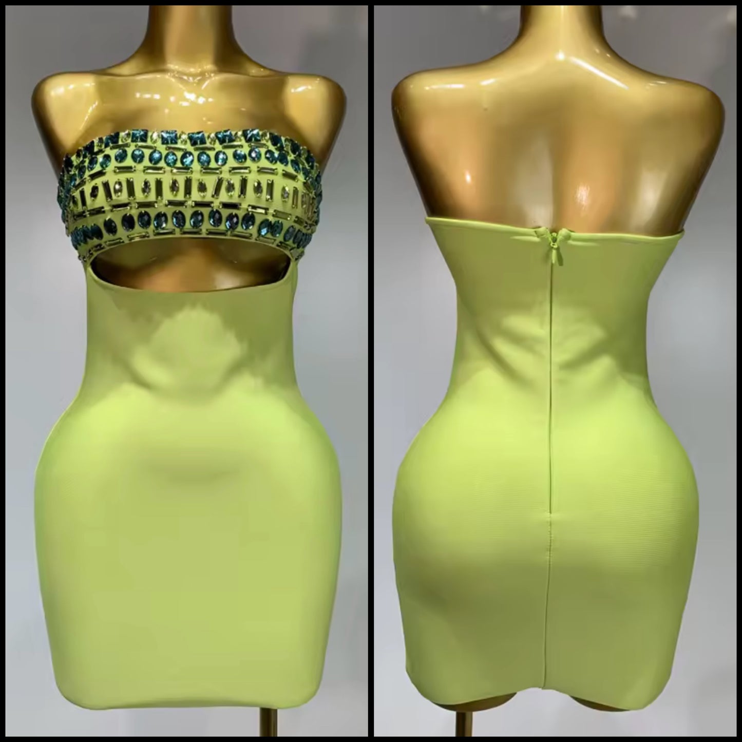 Sexy Green Strapless Crystal Hollow Out Dress