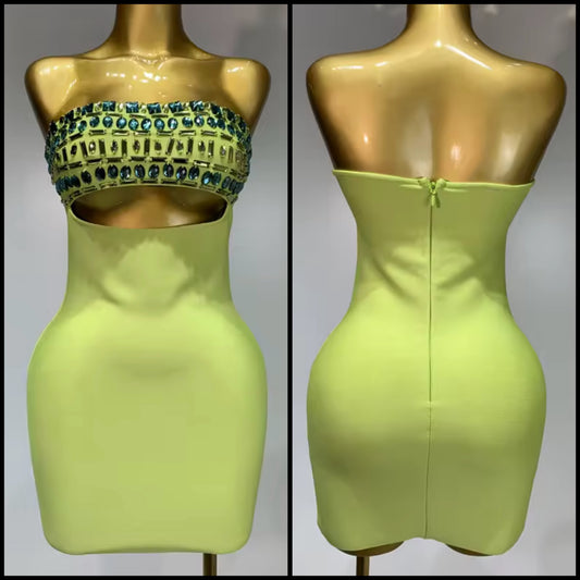 Sexy Green Strapless Crystal Hollow Out Dress