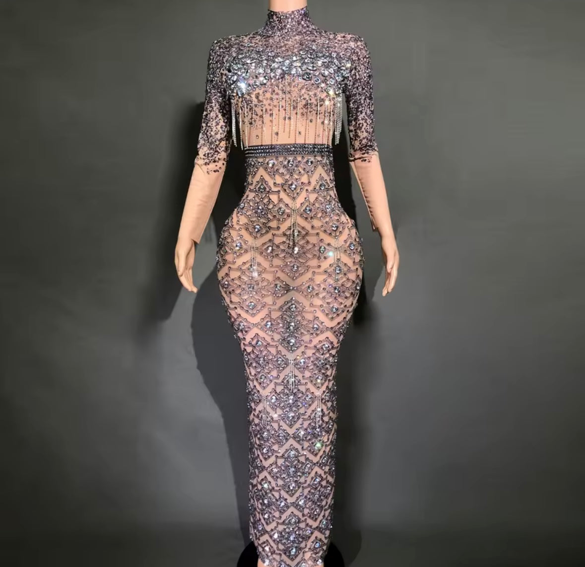 Sexy Rhinestone Tassel Full Sleeve Maxi Dress